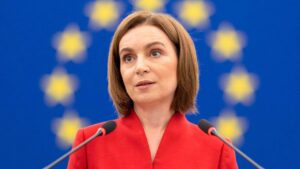 Moldova’s President Maia Sandu delivers a speech at the EU Parliament, in Strasbourg, north eastern France, on September 9, 2025. (Photo by ROMEO BOETZLE / AFP)