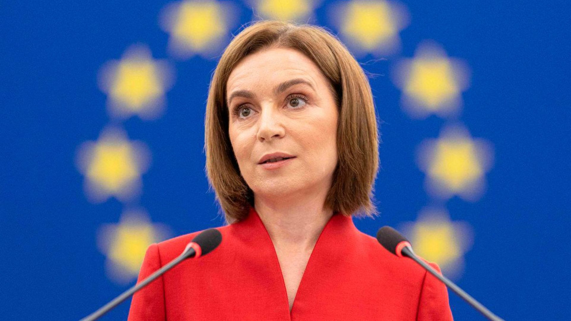 Moldova’s President Maia Sandu delivers a speech at the EU Parliament, in Strasbourg, north eastern France, on September 9, 2025. (Photo by ROMEO BOETZLE / AFP)